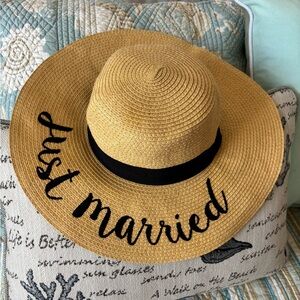 C.C Exclusives Just Married Wide Brim Straw Hat with Black Letters & Ribbon Band